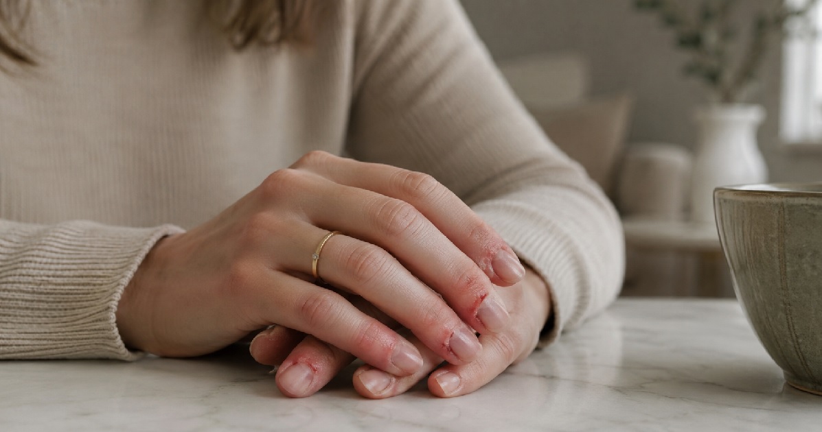 Mãos femininas entrelaçadas sobre mesa de mármore, com cutículas machucadas e anel dourado delicado.